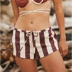 Free People Hot Hot Hot Striped Shorts Brown Cream S 100% Cotton Boho Beachcore